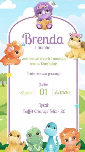 Convite de Aniversário Dino Baby Fofo para Editar Online
