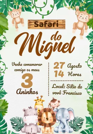 Convite Aniversário Safari com Animais para Editar Online