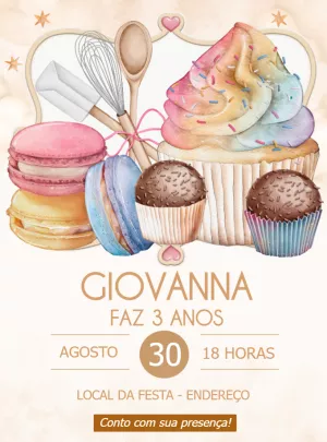 Convite Editável de Aniversário Tema Confeitaria e Doces