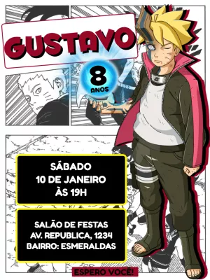Convite de Aniversário Boruto Estilo Mangá para Editar Online