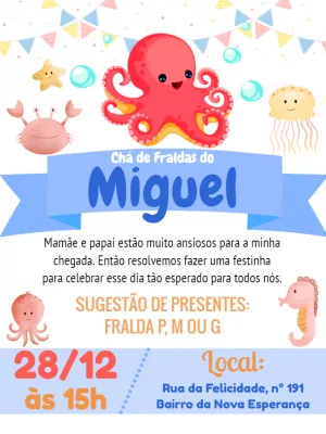 Convite Chá de Fraldas Fundo do Mar para Editar Online