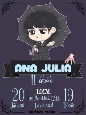 Convite de Aniversário Wandinha Addams para Editar Online
