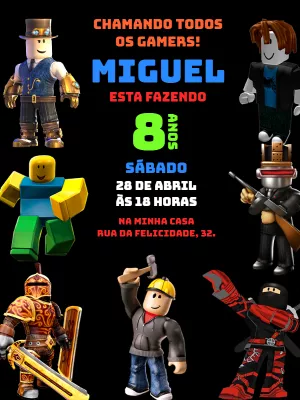Convite Aniversário Roblox com Personagens para Editar Online