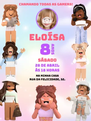 Convite Aniversário Roblox Menina com Foto para Editar Online
