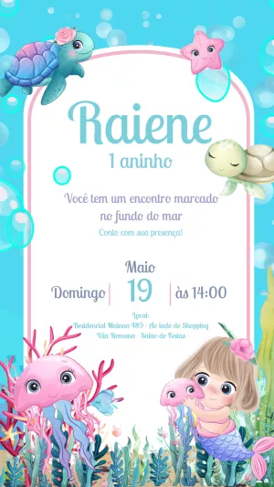 Convite Aniversário Fundo do Mar com Sereia para Editar