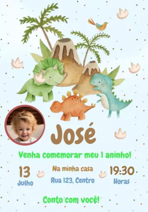 Convite Aniversário Dino Baby com Foto para Editar Online
