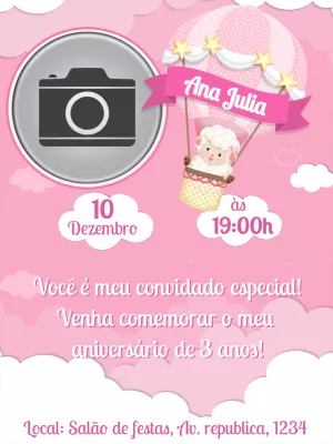 Convite Aniversário Ovelhinha Baloeira com Foto para Editar