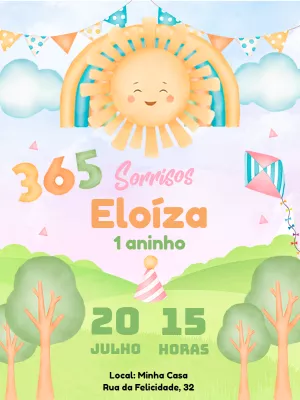 Convite Aniversário 1 Aninho Sol Sorridente para Editar Online