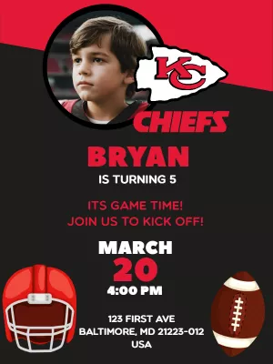 Editable Chiefs Football Birthday Invitation with Photo