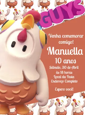 Convite Aniversário Fall Guys com Personagens para Editar Online