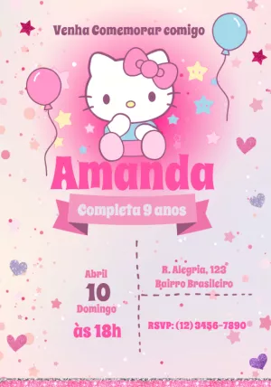 Convite de Aniversário Hello Kitty Rosa para Editar Online