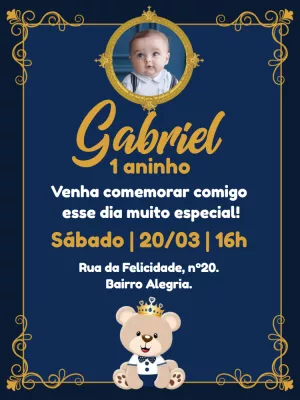 Convite Aniversário Ursinho Príncipe com Foto para Editar