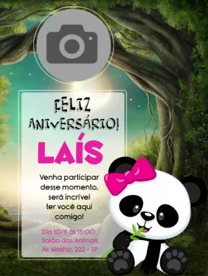 Convite Aniversário Panda com Foto Editável Online
