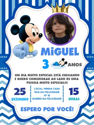Convite Aniversário Mickey Baby com Foto para Editar Online
