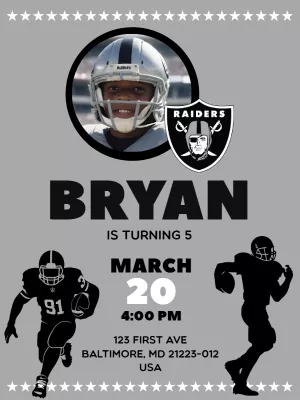Editable Raiders Football Birthday Invitation with Photo