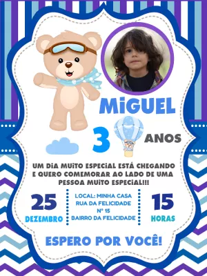 Convite Aniversário Ursinho Baloeiro com Foto para Editar