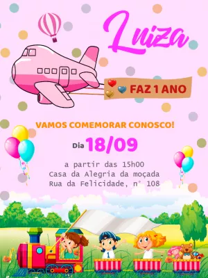 Convite Aniversário Menina Trenzinho e Avião para Editar