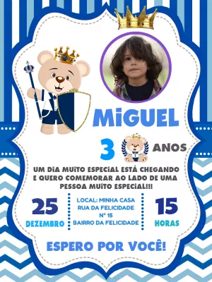 Convite Aniversário Ursinho Príncipe com Foto para Editar Online