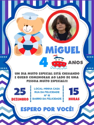 Convite Aniversário Ursinho Marinheiro com Foto para Editar