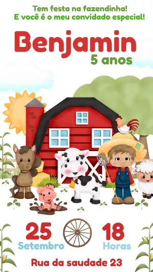 Convite Aniversário Fazendinha com Animais para Editar Online