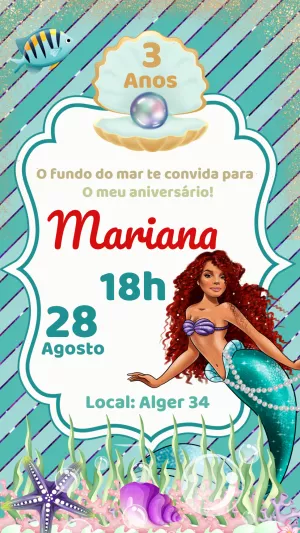 Convite Aniversário Sereia Live Action para Editar Online