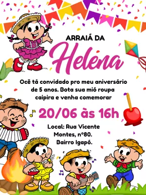 Convite Arraiá Turma da Mônica Aniversário para Editar Online