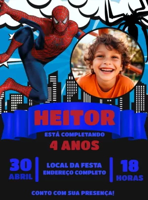 Convite Aniversário Homem Aranha com Foto para Editar Online
