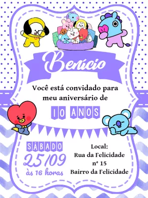 Convite de Aniversário BT21 com Personagens para Editar Online