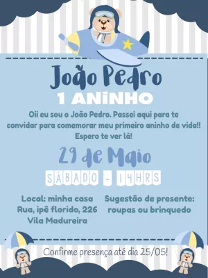Convite Aniversário Ursinho Aviador para Editar Online