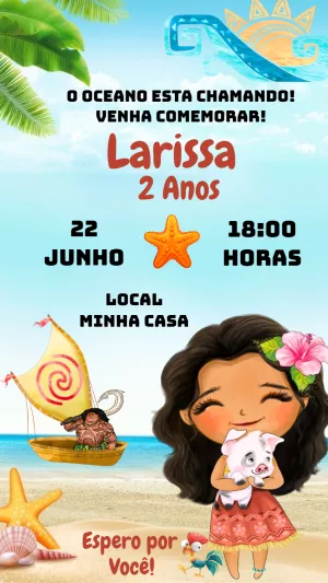 Convite Aniversário Moana Aquarela para Editar Online