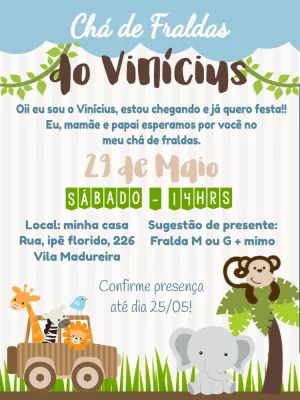 Convite Chá de Fraldas Safari com Animais para Editar Online