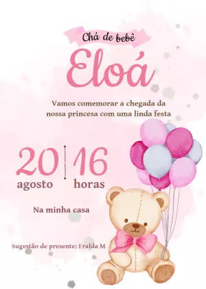 Convite Chá de Bebê Ursinha Rosa para Editar Online