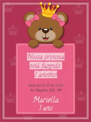 Convite Aniversário Ursinha Princesa para Editar Online