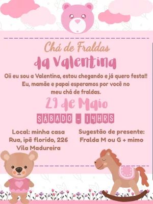 Convite Chá de Bebê Ursinha Rosa para Editar Online