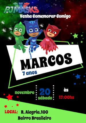 Convite de Aniversário PJ Masks com Heróis para Editar Online