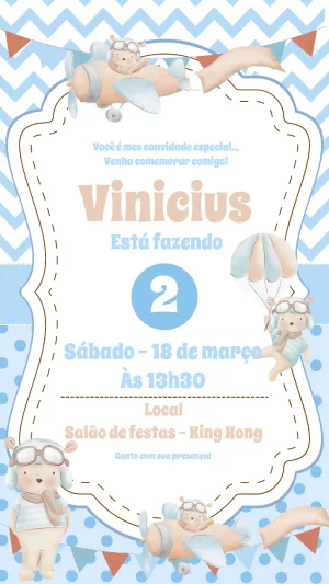 Convite Aniversário Ursinho Aviador para Editar Online