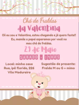 Convite Chá de Fraldas Ursinha Princesa para Editar Online