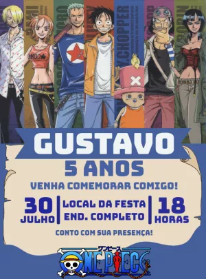 Convite de Aniversário One Piece com Personagens para Editar