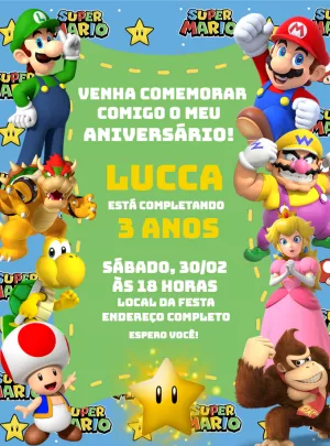 Convite de Aniversário Super Mario com Personagens para Editar