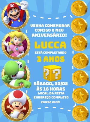 Convite de Aniversário Super Mario com Personagens para Editar