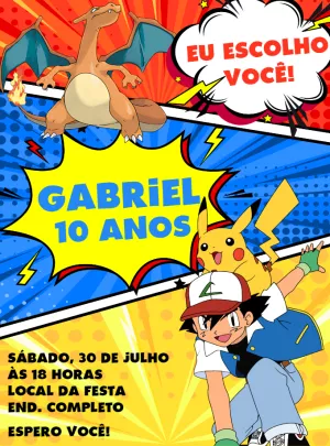 Convite Aniversário Pokémon com Personagens para Editar Online