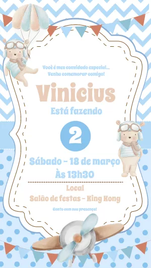 Convite de Aniversário Ursinho Aviador para Editar Online