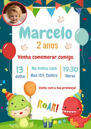 Convite Aniversário Dino Baby com Foto para Editar Online