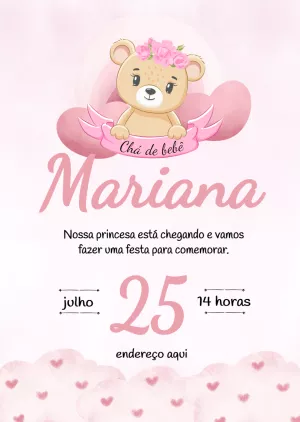Convite de Chá de Bebê Ursinha Princesa para Editar Online