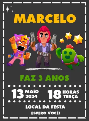Convite de Aniversário Brawl Stars com Personagens para Editar