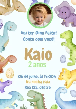 Convite Aniversário Dino Baby com Foto para Editar Online