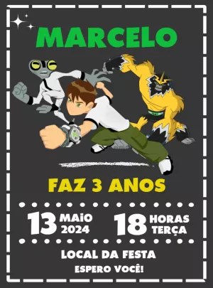 Convite Aniversário Ben 10 com Personagens para Editar Online