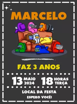 Convite Aniversário Among Us com Personagens para Editar Online