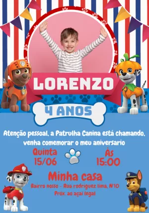 Convite Aniversário Patrulha Canina com Foto para Editar Online