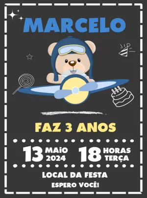 Convite Aniversário Ursinho Aviador para Editar Online